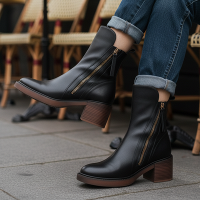 Valorine| Black leather boots with a comfortable heel