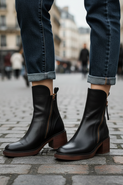 Valorine| Black leather boots with a comfortable heel