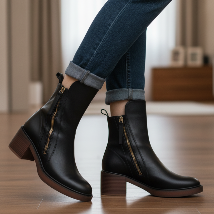 Valorine| Black leather boots with a comfortable heel