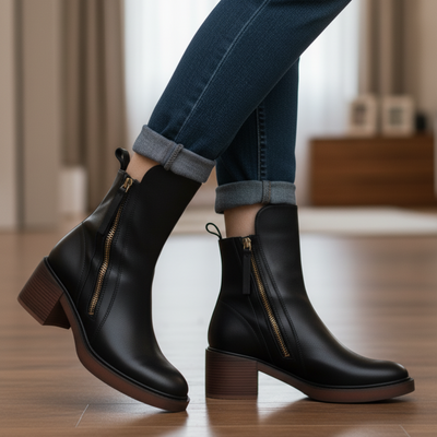 Valorine| Black leather boots with a comfortable heel