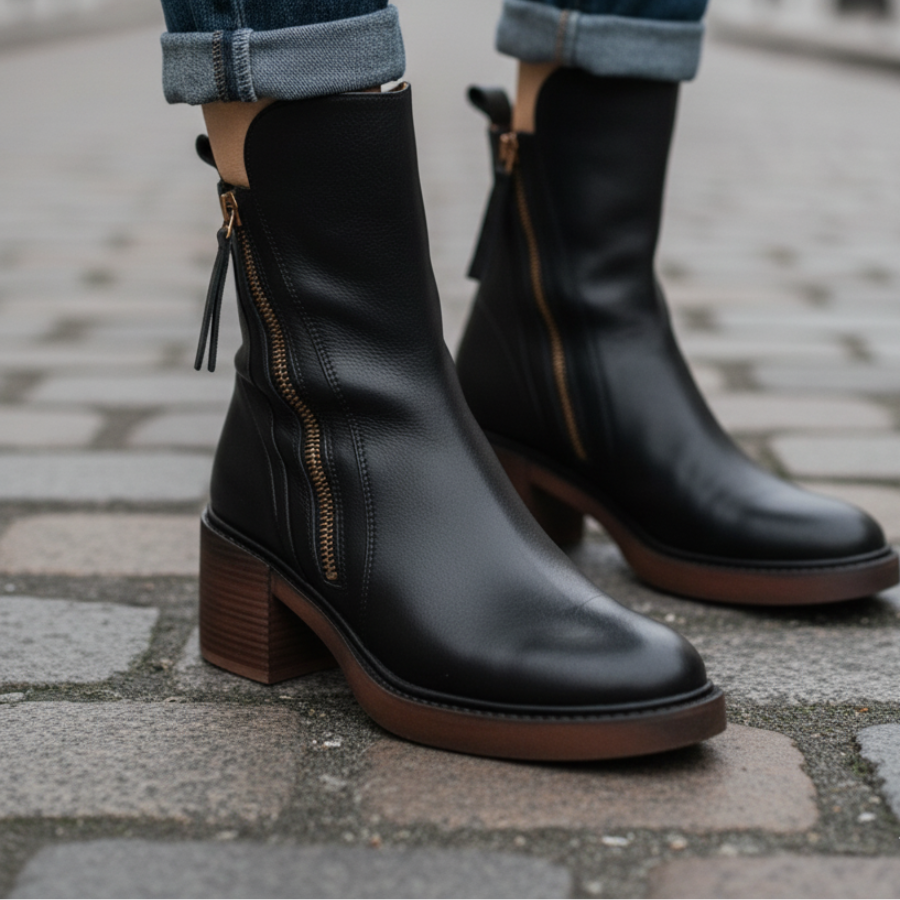 Valorine| Black leather boots with a comfortable heel